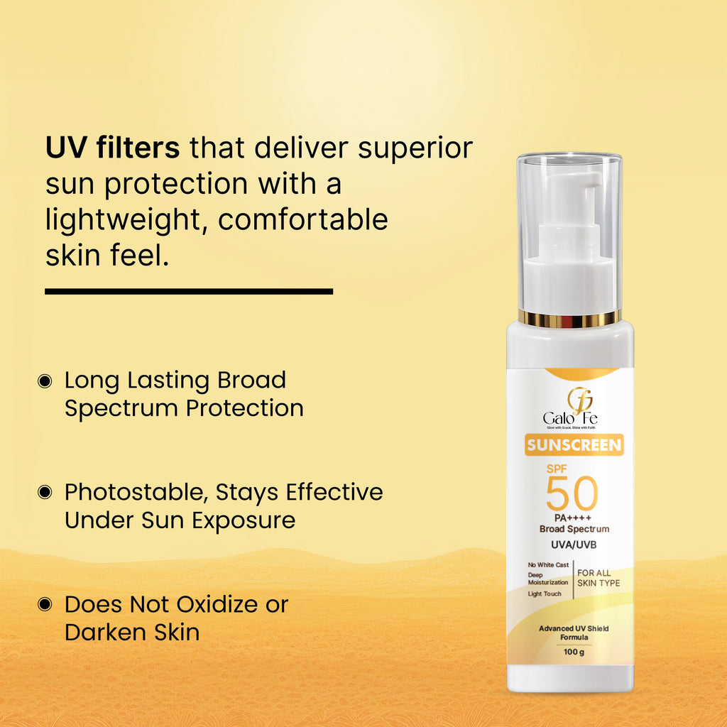 Galo Fe Sunscreen SPF 50 PA++++, Broad Spectrum UVA/UVB, No White Cast, Deep Moisturisation, All Skin Types (100 ML)