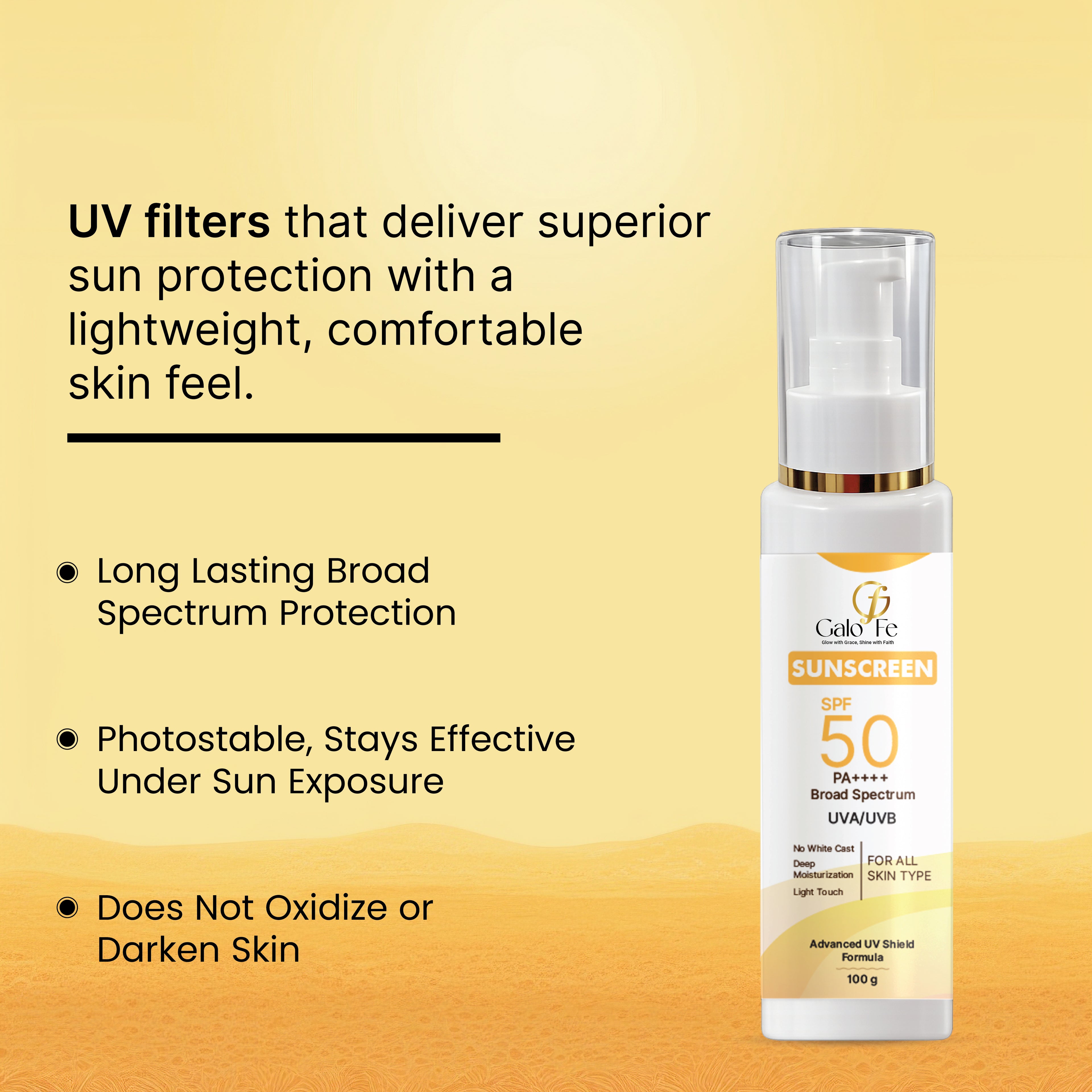 Galo Fe Sunscreen SPF 50 PA++++, Broad Spectrum UVA/UVB, No White Cast, Deep Moisturisation, All Skin Types (100 ML)