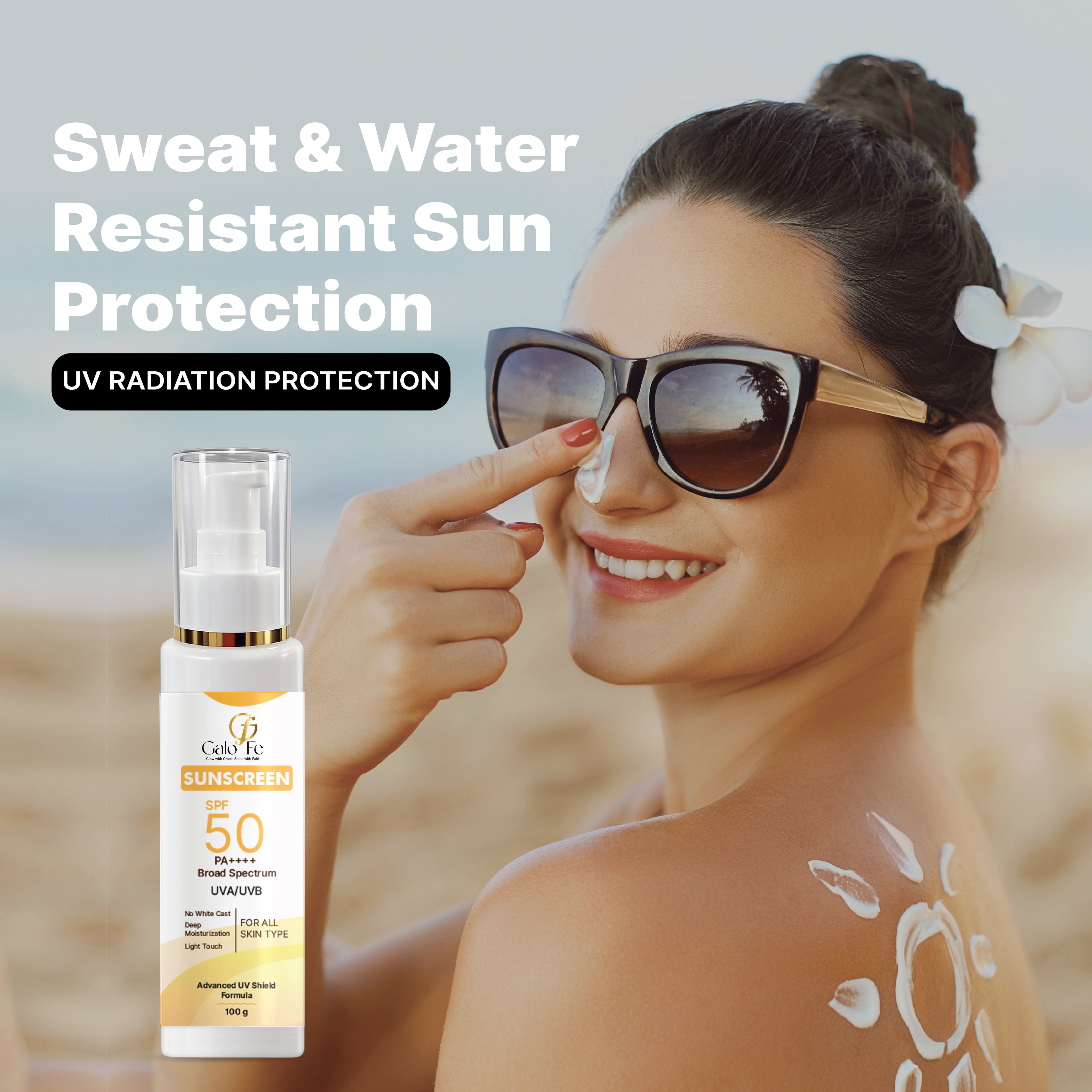 Galo Fe Sunscreen SPF 50 PA++++, Broad Spectrum UVA/UVB, No White Cast, Deep Moisturisation, All Skin Types (100 ML)