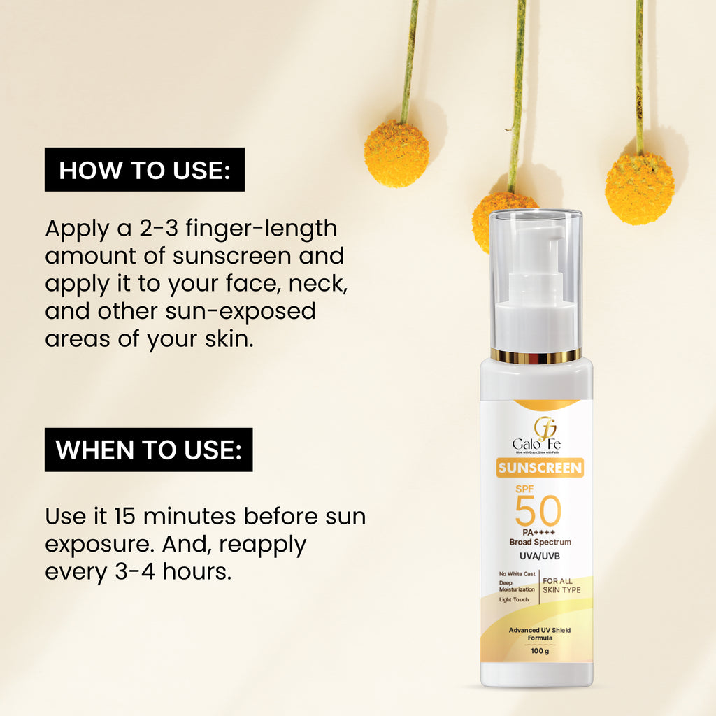 Galo Fe Sunscreen SPF 50 PA++++, Broad Spectrum UVA/UVB, No White Cast, Deep Moisturisation, All Skin Types (100 ML)