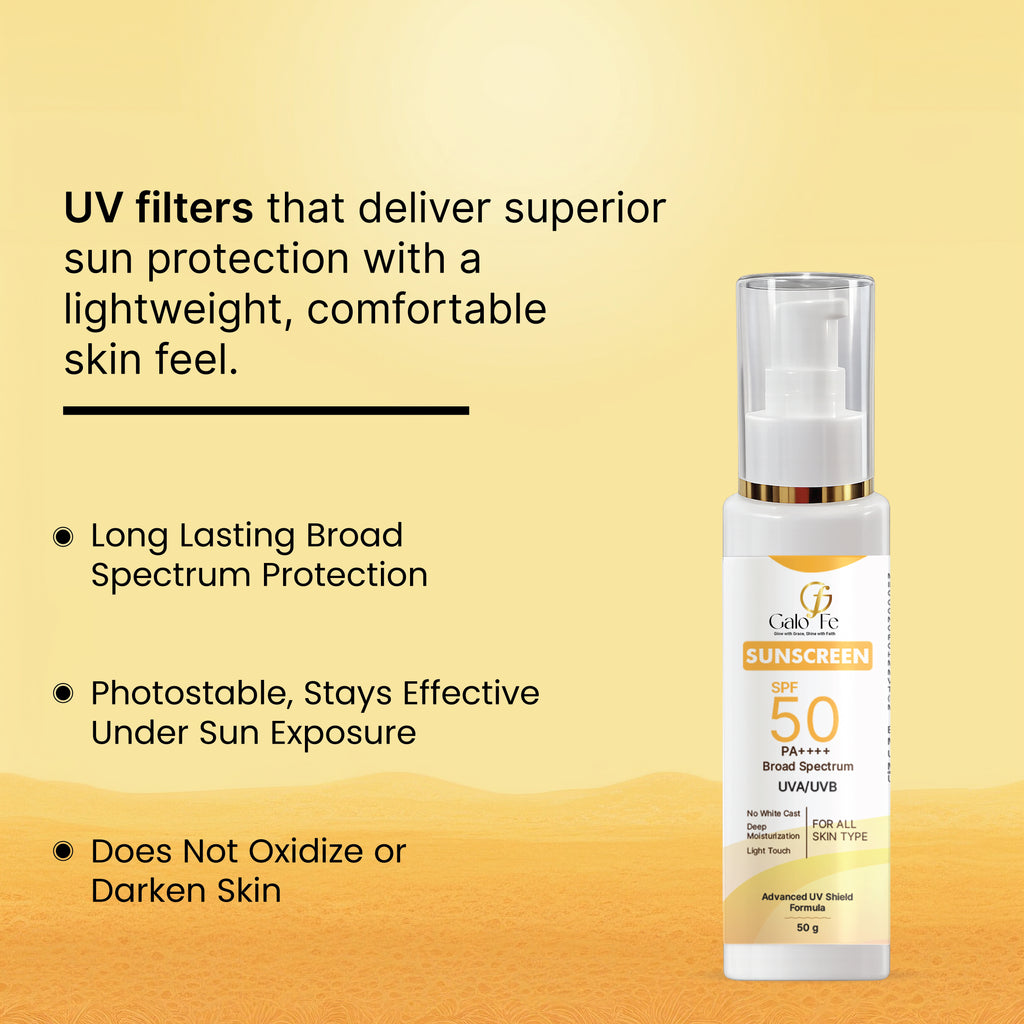 Galo Fe Sunscreen SPF 50 PA++++, Broad Spectrum UVA/UVB, No White Cast, Deep Moisturisation, All Skin Types (50 ML)