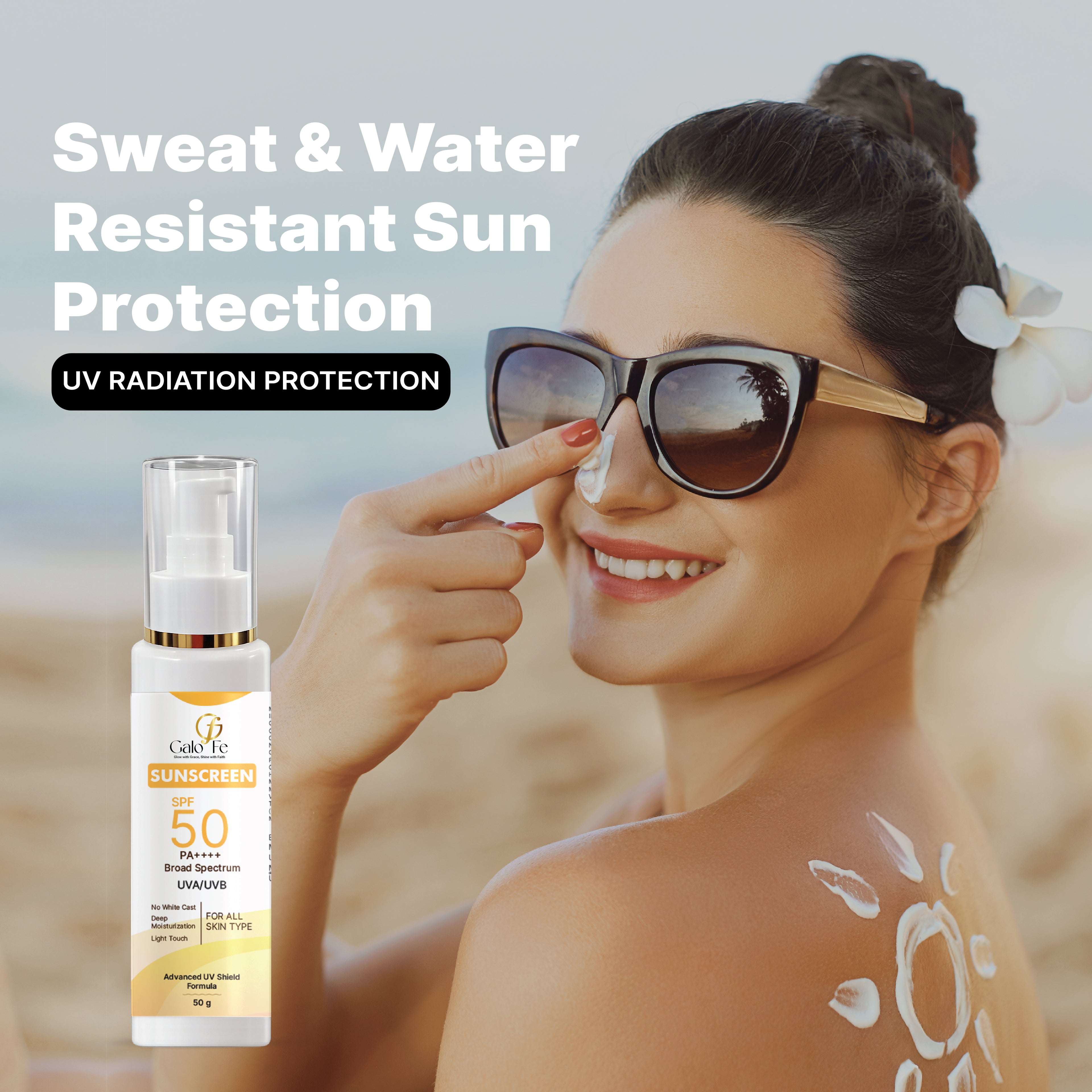 Galo Fe Sunscreen SPF 50 PA++++, Broad Spectrum UVA/UVB, No White Cast, Deep Moisturisation, All Skin Types (50 ML)