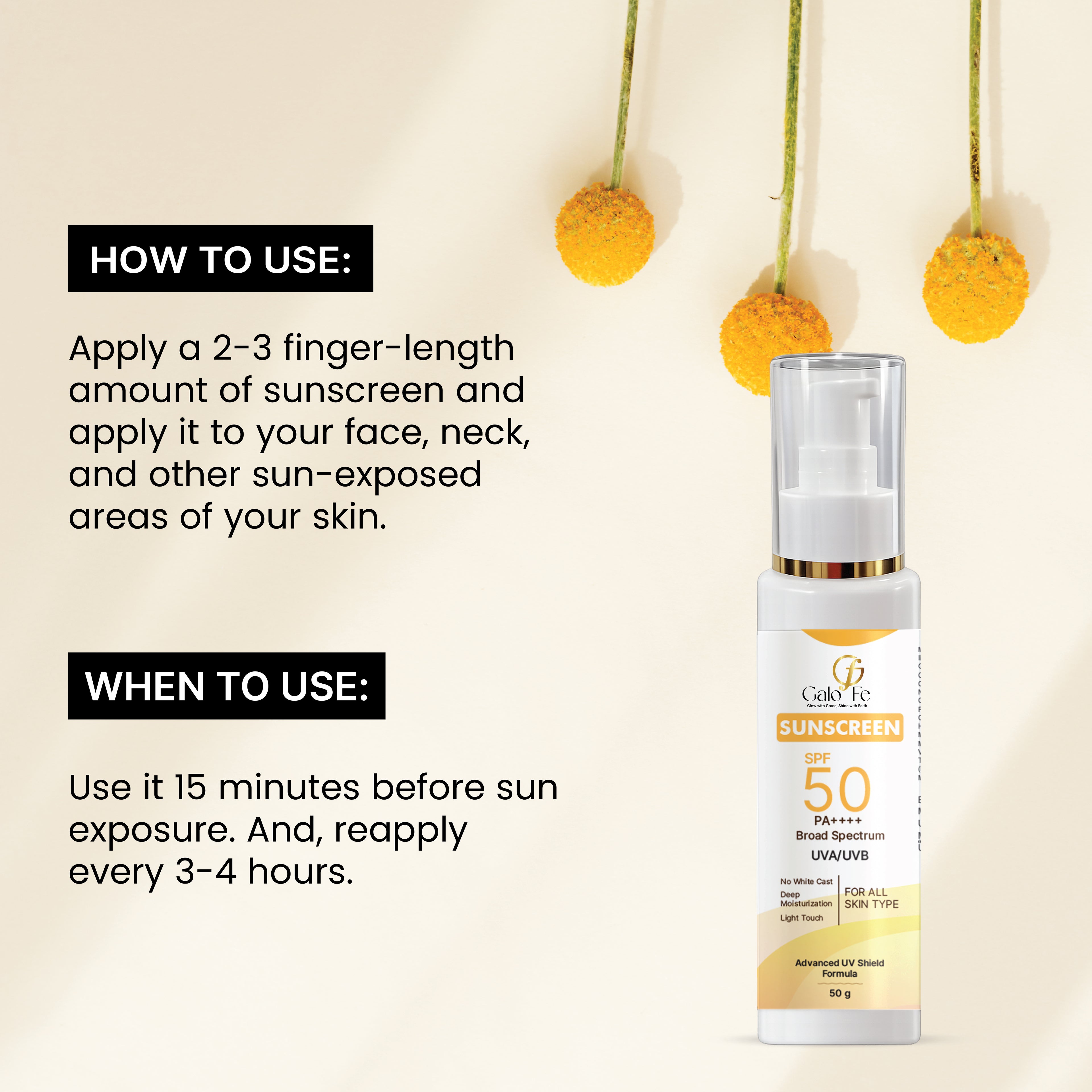 Galo Fe Sunscreen SPF 50 PA++++, Broad Spectrum UVA/UVB, No White Cast, Deep Moisturisation, All Skin Types (50 ML)