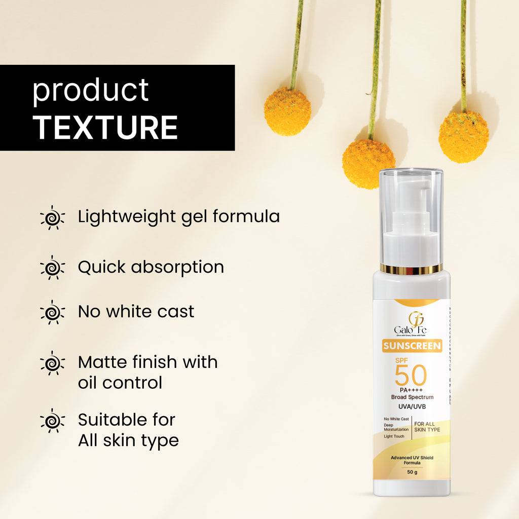 Galo Fe Sunscreen SPF 50 PA++++, Broad Spectrum UVA/UVB, No White Cast, Deep Moisturisation, All Skin Types (50 ML)
