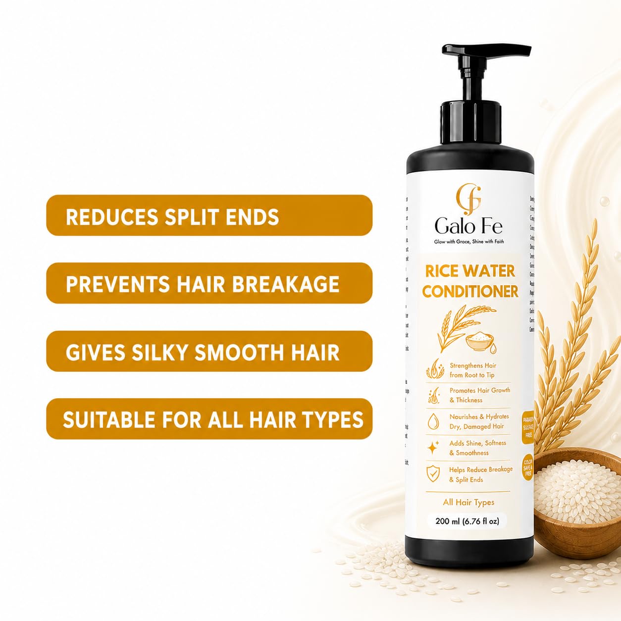 Galo Fe Rice Water Conditioner, Strengthens Hair, Promotes Growth & Thickness, All Hair Types, 200 ml
