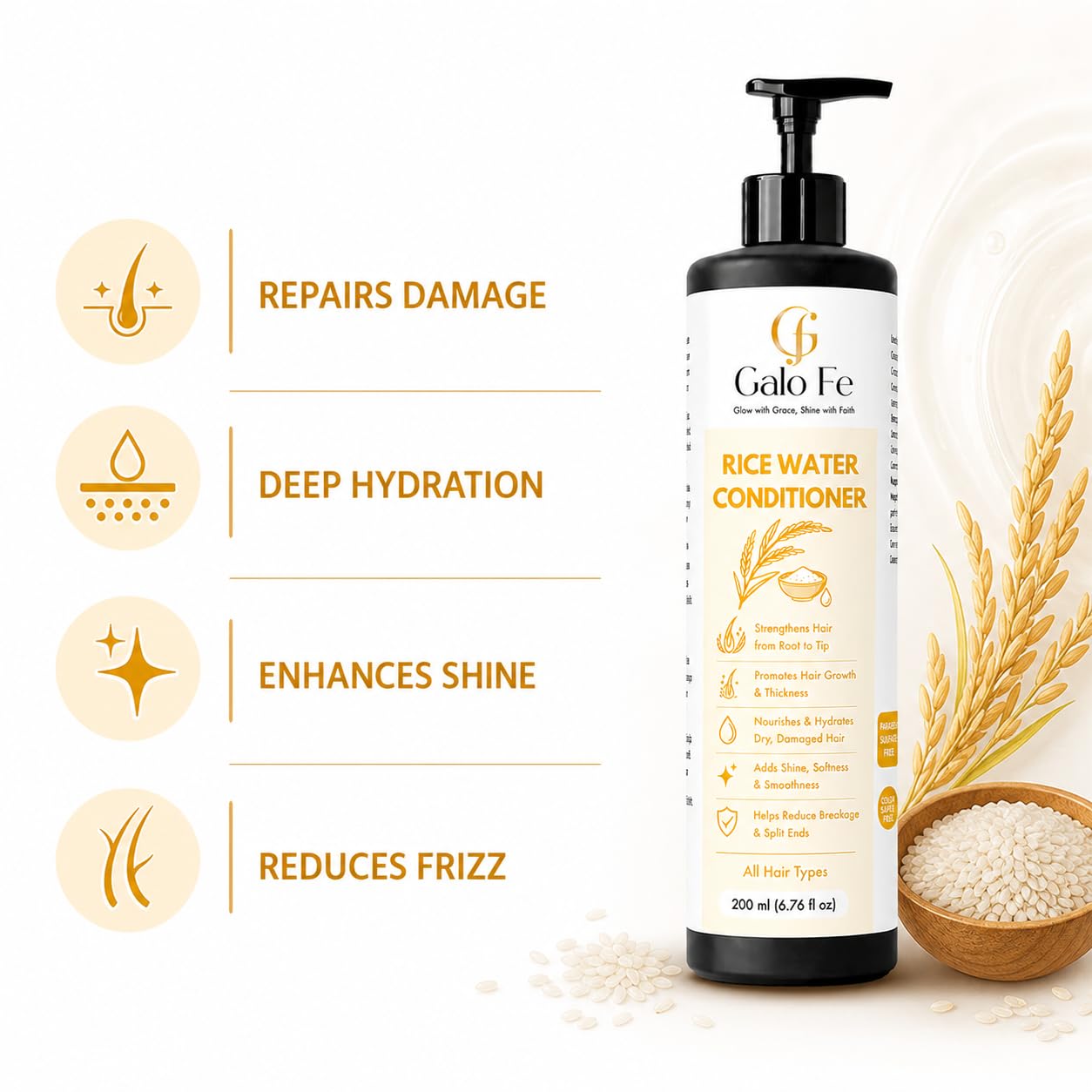 Galo Fe Rice Water Conditioner, Strengthens Hair, Promotes Growth & Thickness, All Hair Types, 200 ml