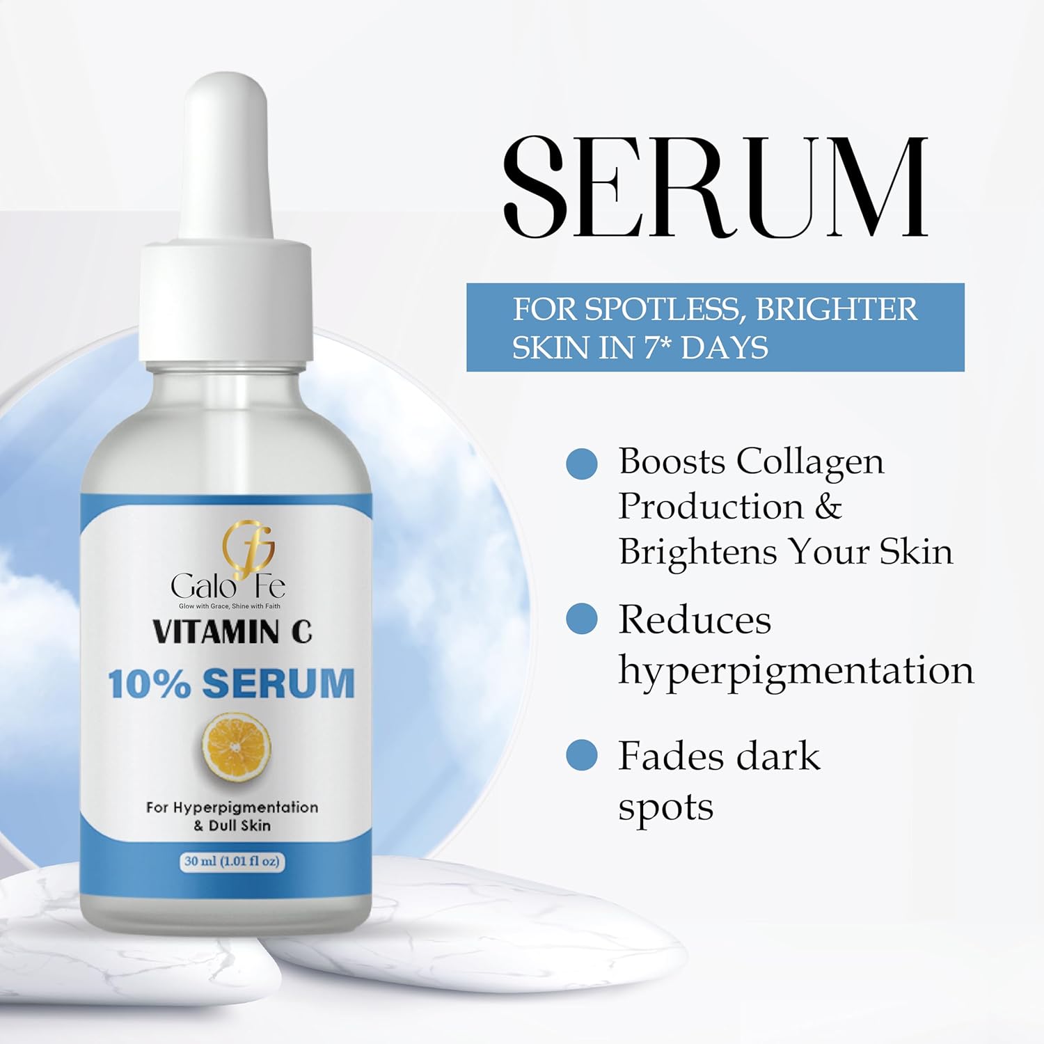 Galo Fe Vitamin C 10% Face Serum, 30 ml, for Dark Spot Correction, Skin Brightening, with Alpha Arbutin 2%, Paraben Free