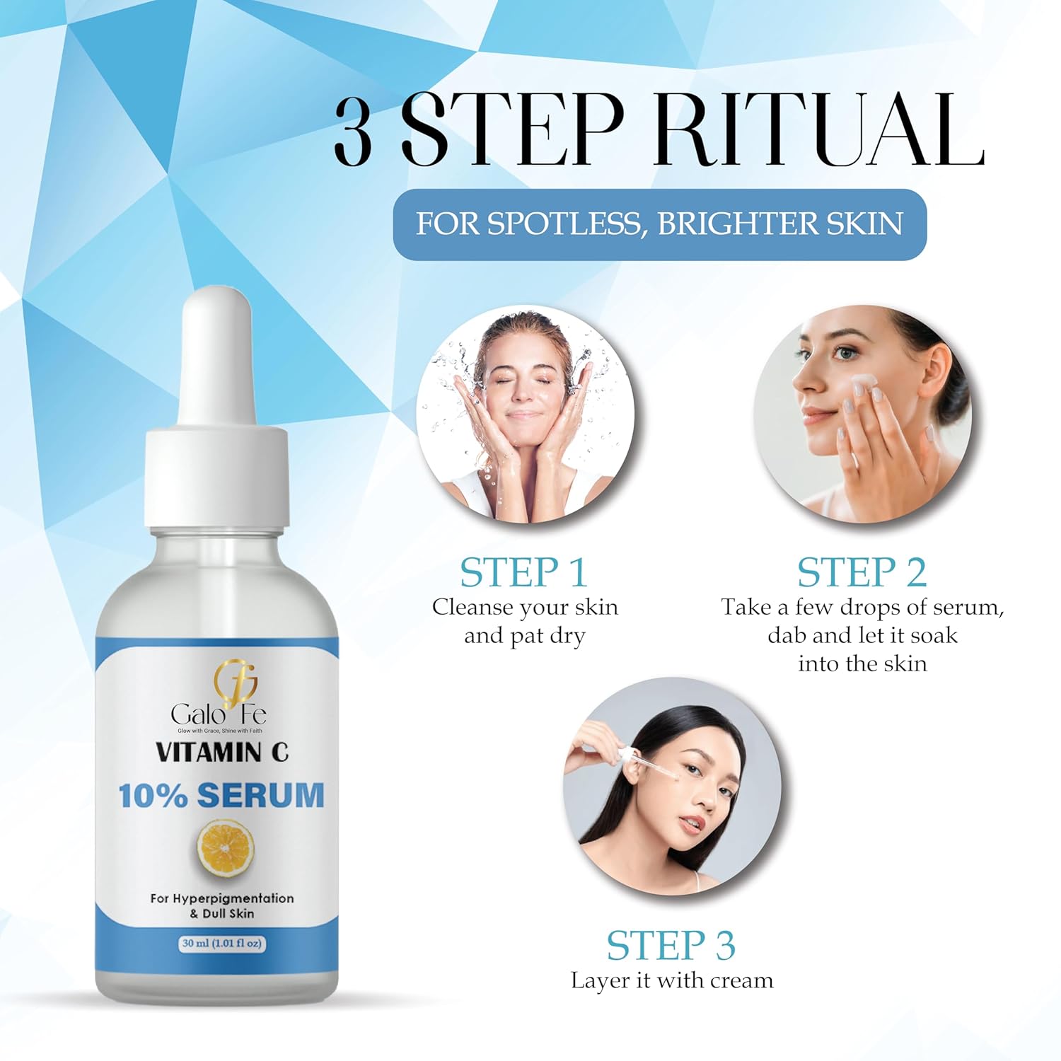 Galo Fe Vitamin C 10% Face Serum, 30 ml, for Dark Spot Correction, Skin Brightening, with Alpha Arbutin 2%, Paraben Free