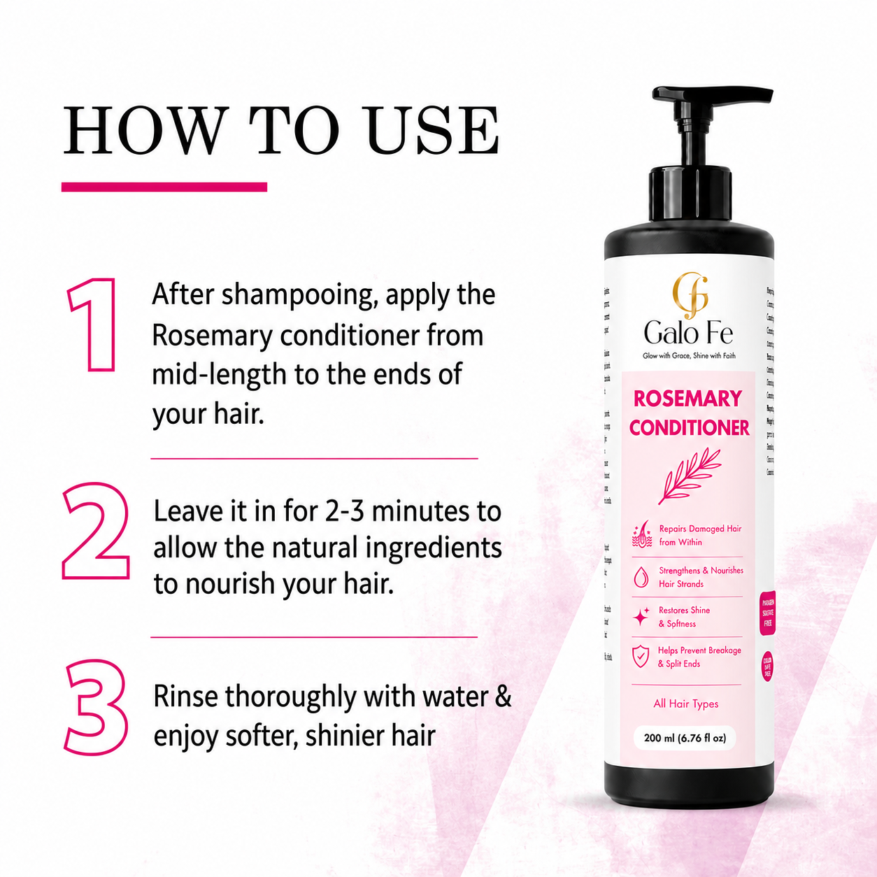 Galo Fe Rosemary Conditioner, Rice Water Infused, Paraben and Sulphate Free, Colour Safe, for All Hair Types, 200 ml