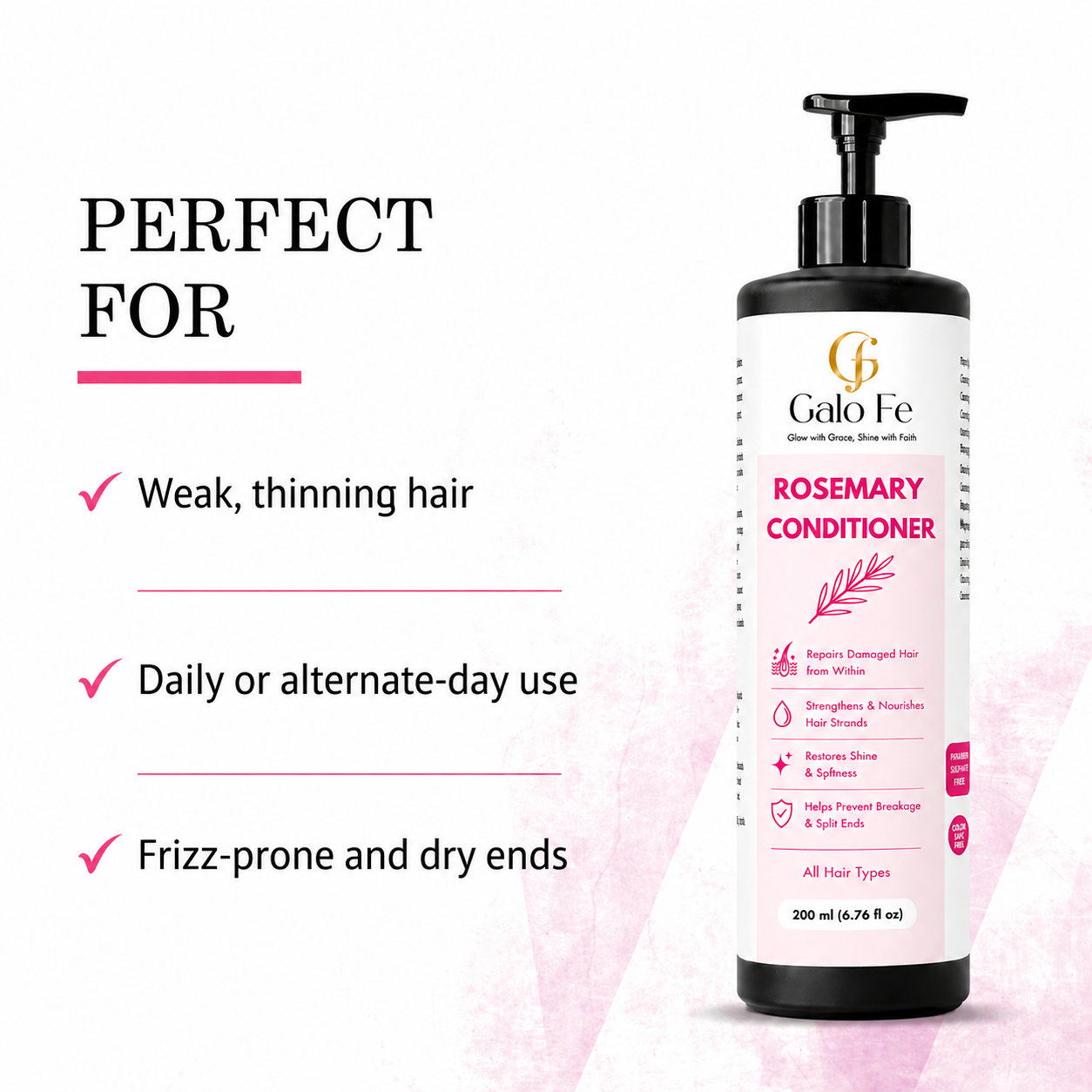 Galo Fe Rosemary Conditioner, Rice Water Infused, Paraben and Sulphate Free, Colour Safe, for All Hair Types, 200 ml