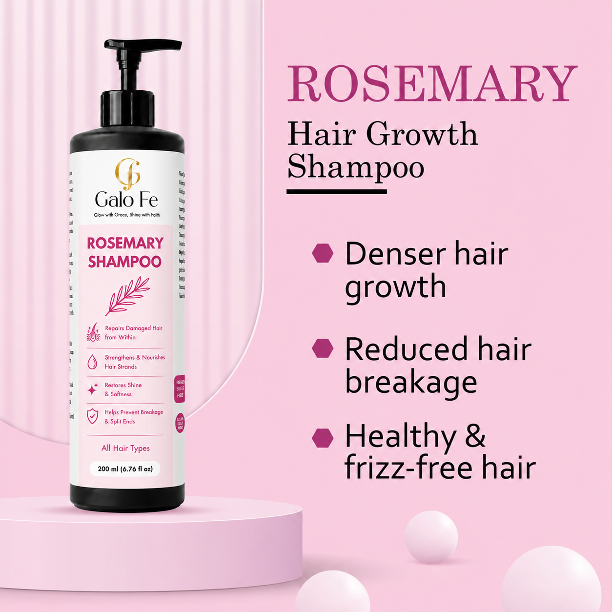 Galo Fe  Rosemary Shampoo, Repairs Damaged Hair, Strengthens & Nourishes, Paraben & Sulphate Free, All Hair Types, 200 ml