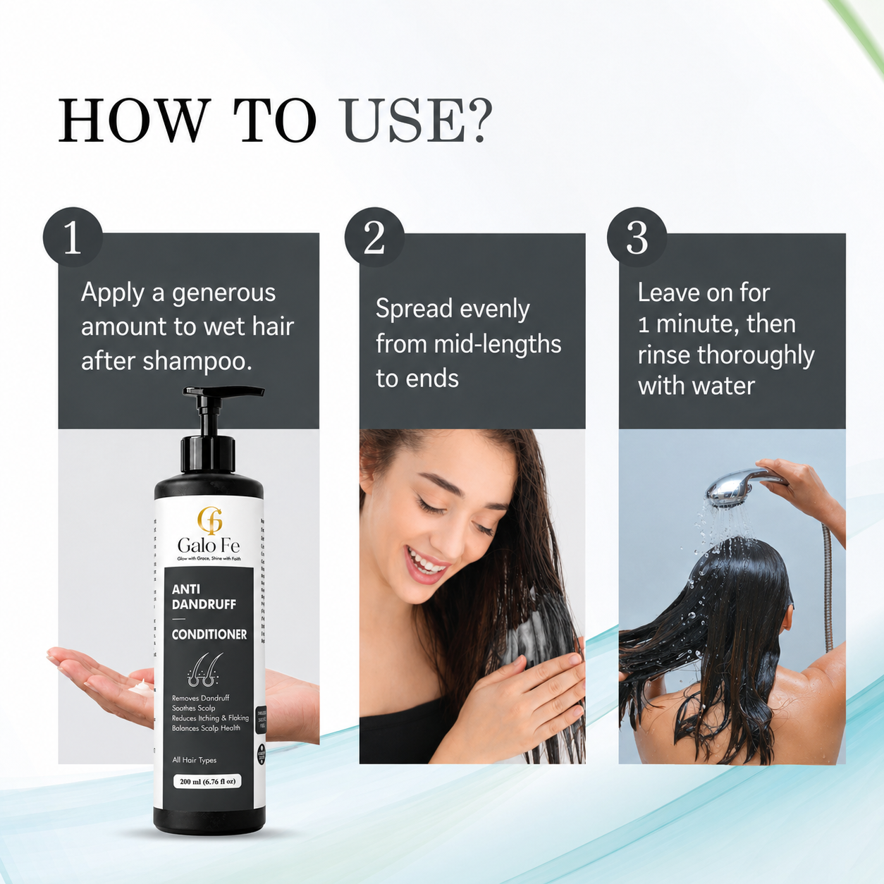 Galo Fe Anti Dandruff Conditioner, Paraben and Sulphate Free, Rice Water Infused, for All Hair Types, 200 ml