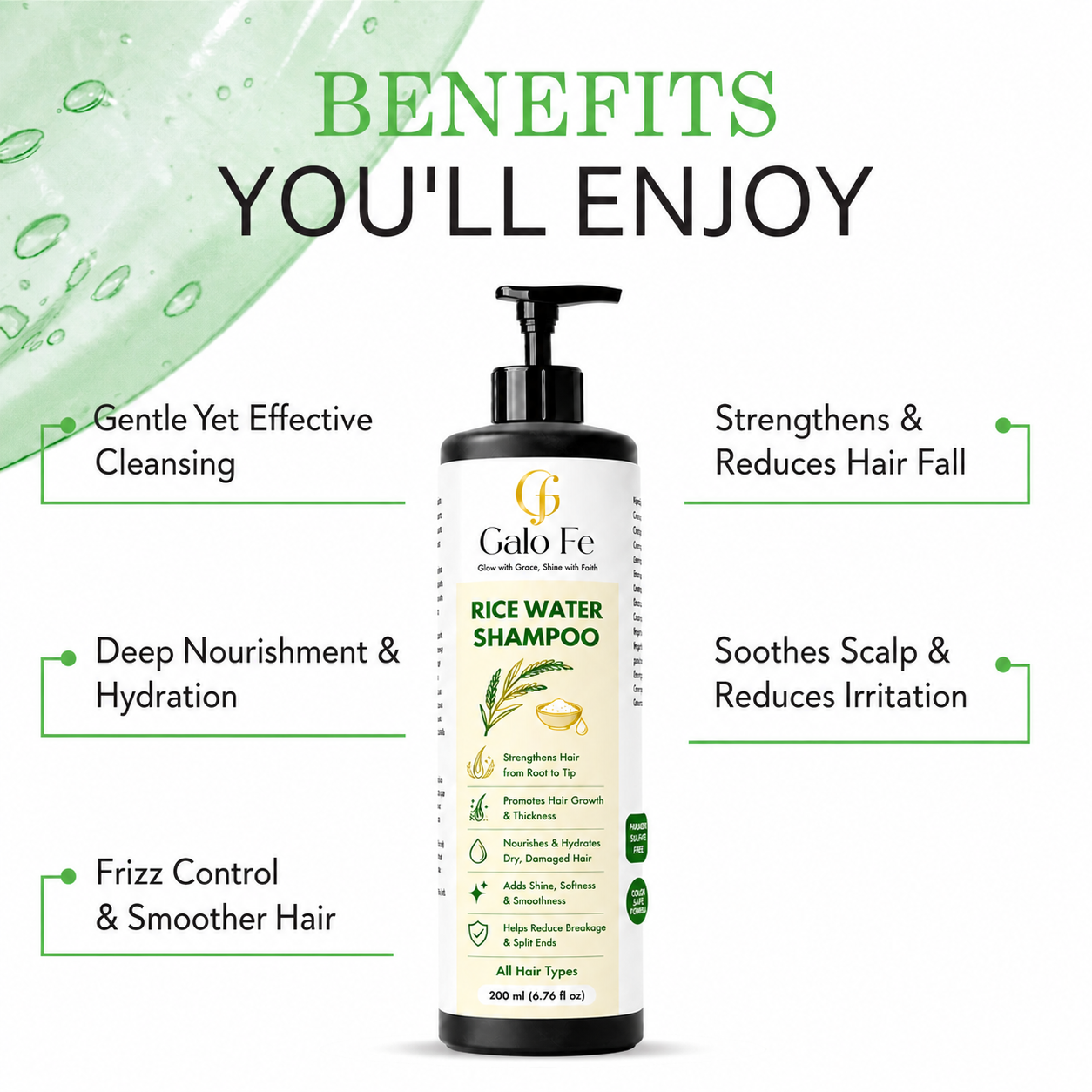 Galo Fe Rice Water Nourishing Shampoo, Paraben and Sulphate Free, for All Hair Types, 200 ml