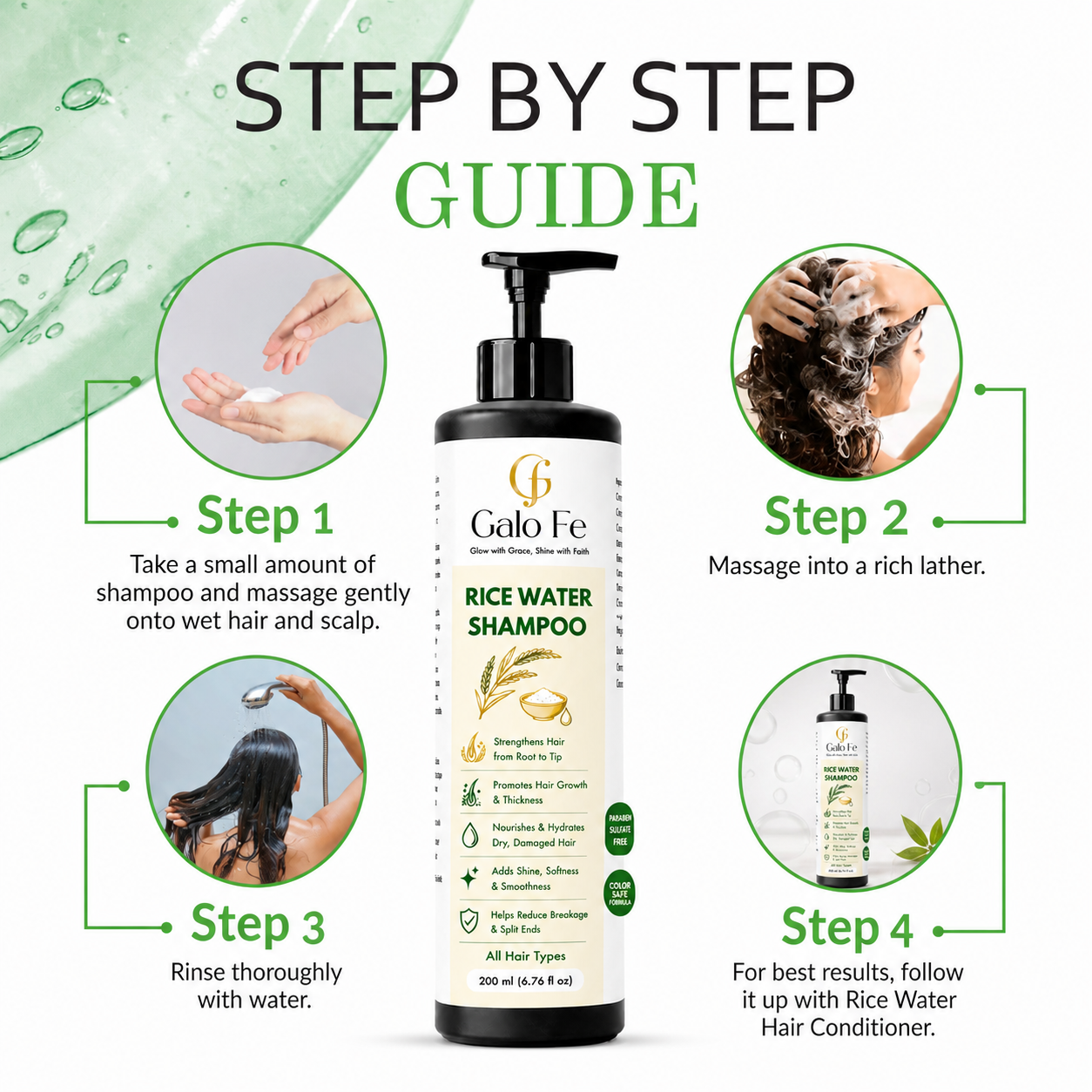 Galo Fe Rice Water Nourishing Shampoo, Paraben and Sulphate Free, for All Hair Types, 200 ml