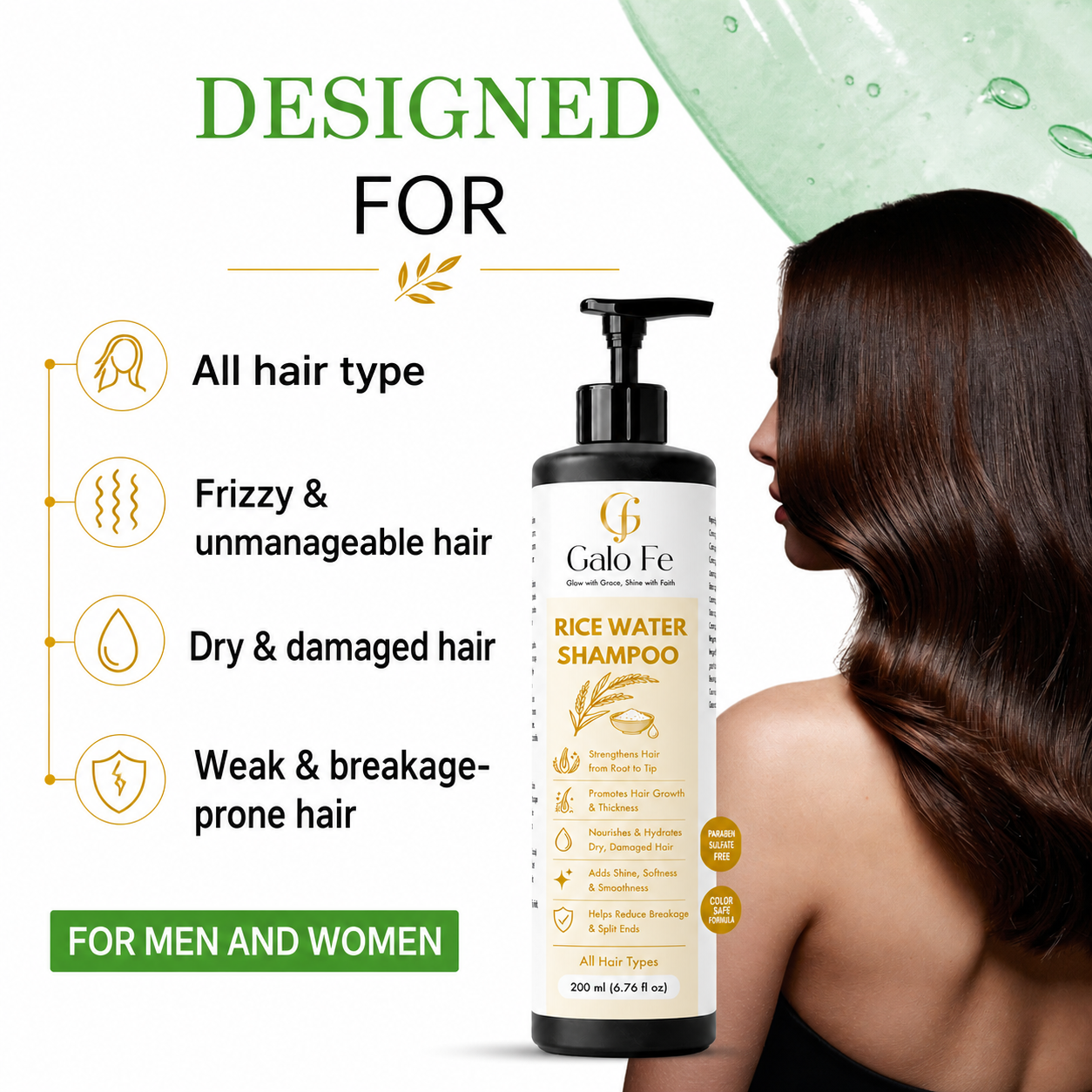 Galo Fe Rice Water Nourishing Shampoo, Paraben and Sulphate Free, for All Hair Types, 200 ml