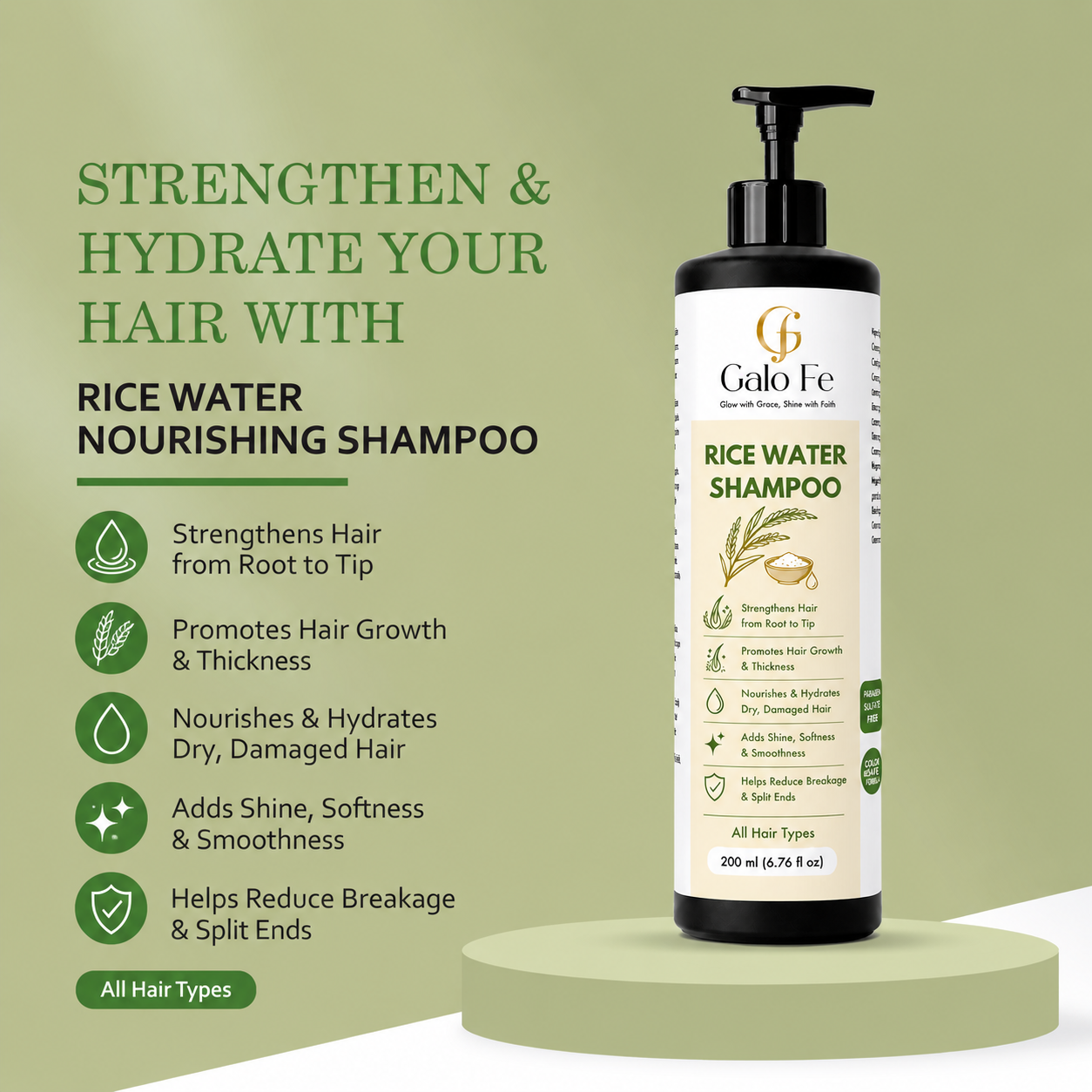 Galo Fe Rice Water Nourishing Shampoo, Paraben and Sulphate Free, for All Hair Types, 200 ml