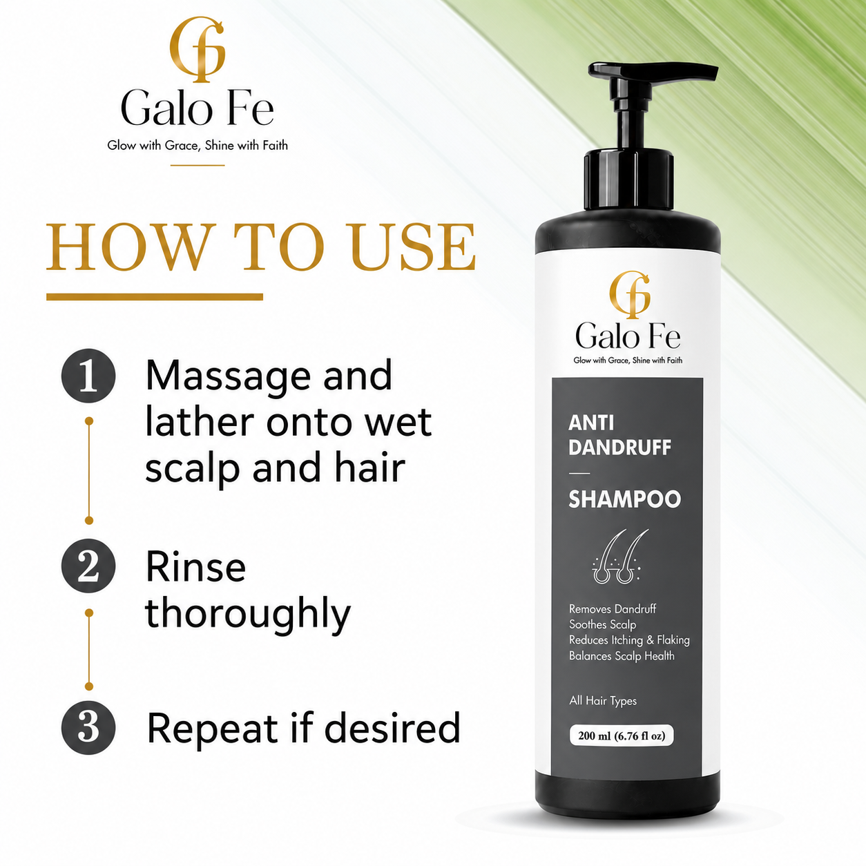 Galo Fe Anti Dandruff Shampoo, Removes Dandruff, Soothes Scalp, All Hair Types, 200ml