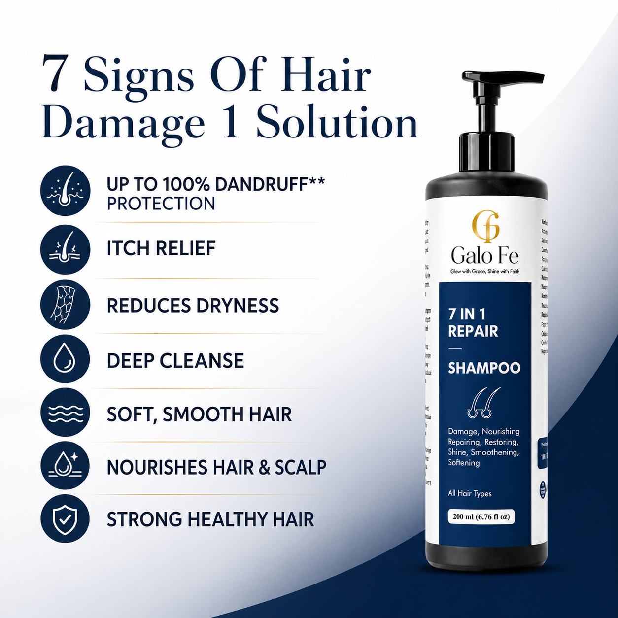 Galo Fe 7 in 1 Repair Shampoo, Paraben and Sulphate Free, for All Hair Types, Anti-Dandruff, 200 ml