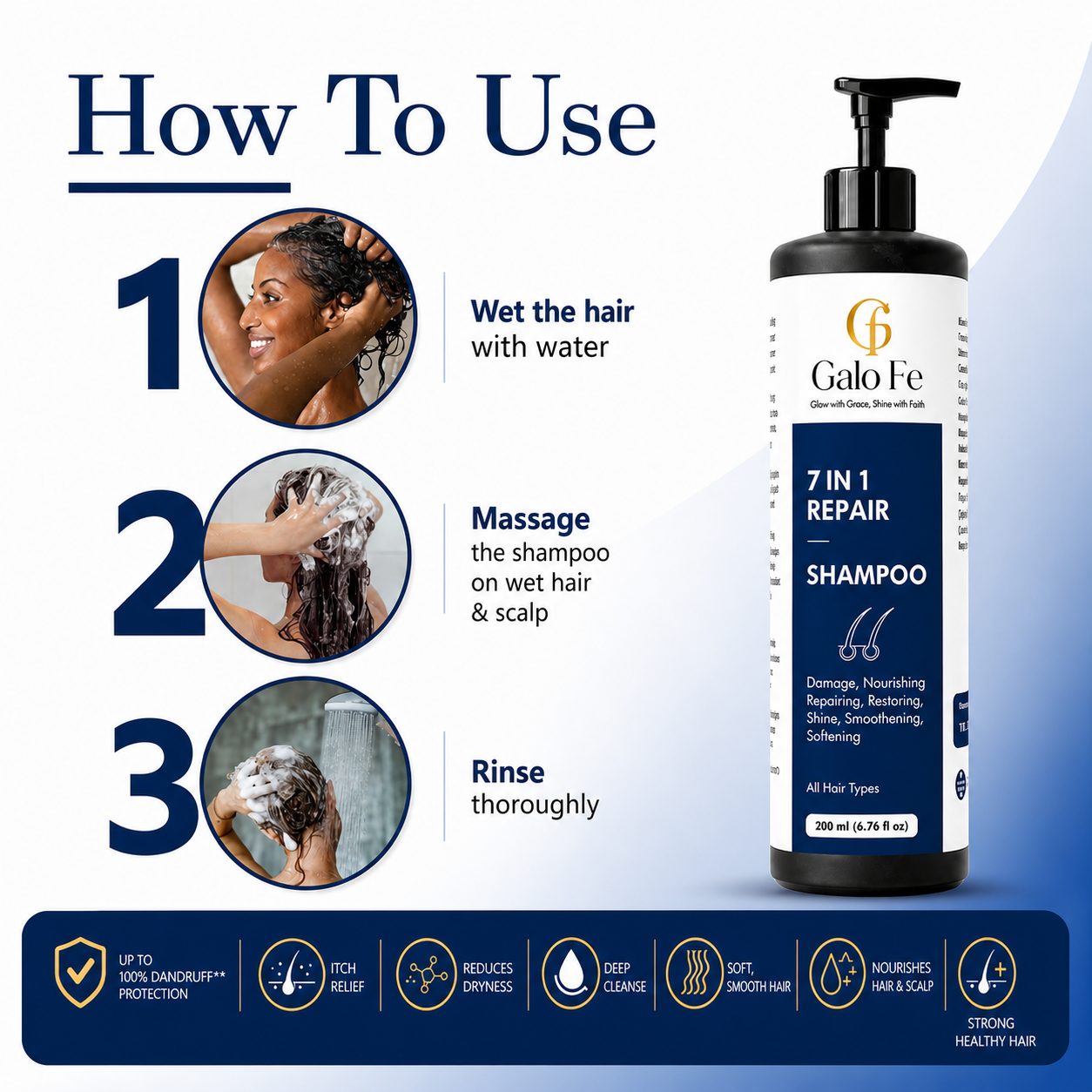 Galo Fe 7 in 1 Repair Shampoo, Paraben and Sulphate Free, for All Hair Types, Anti-Dandruff, 200 ml