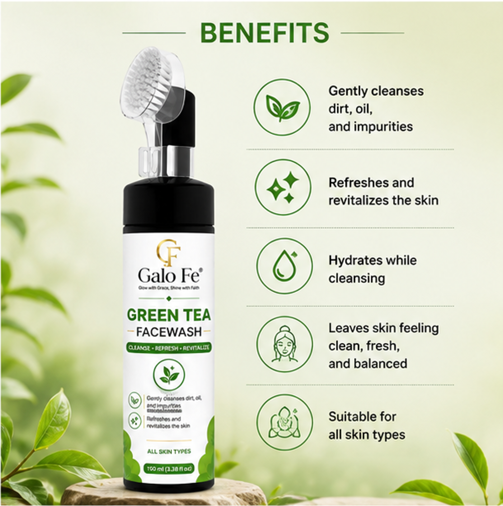 Galo Fe Green Tea Face Wash 150ml | Deep Cleansing Face Cleanser for Oil, Dirt & Impurities | Refreshing & Hydrating Daily Face Wash | Suitable for All Skin Types | Men & Women (Green Tea)