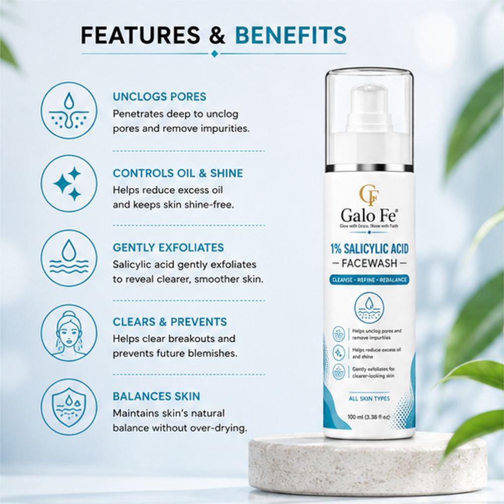 Galo Fe Face Wash 100ml | Deep Cleansing Face Cleanser for Oil, Dirt & Impurities | Refreshing & Hydrating Daily Face Wash | Suitable for All Skin Types | Men & Women (1% Salicylic Acid)