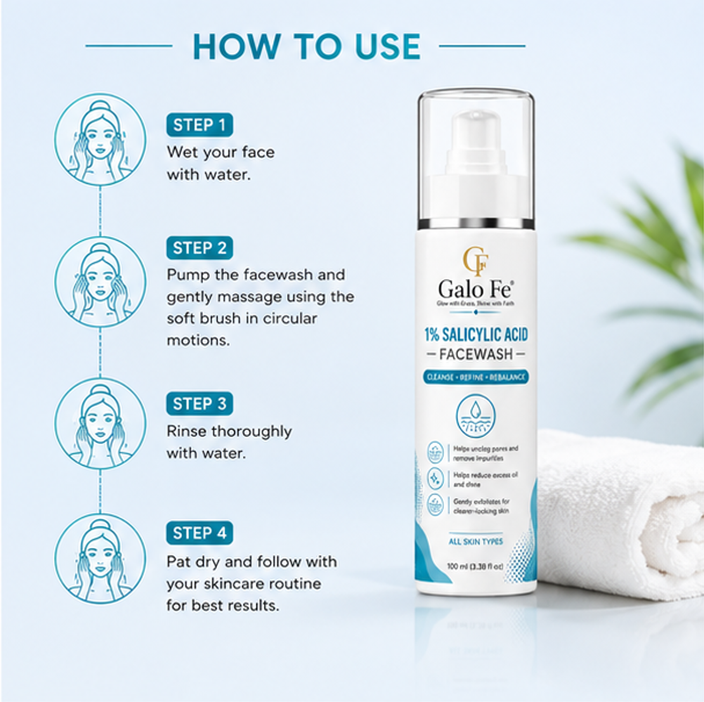 Galo Fe Face Wash 100ml | Deep Cleansing Face Cleanser for Oil, Dirt & Impurities | Refreshing & Hydrating Daily Face Wash | Suitable for All Skin Types | Men & Women (1% Salicylic Acid)