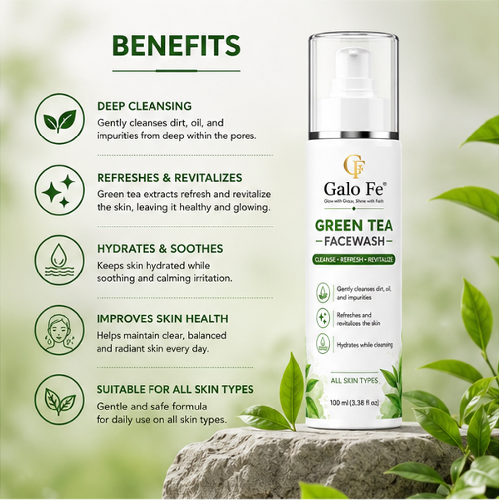 Galo Fe Face Wash 100ml | Deep Cleansing Face Cleanser for Oil, Dirt & Impurities | Refreshing & Hydrating Daily Face Wash | Suitable for All Skin Types | Men & Women (Green Tea)