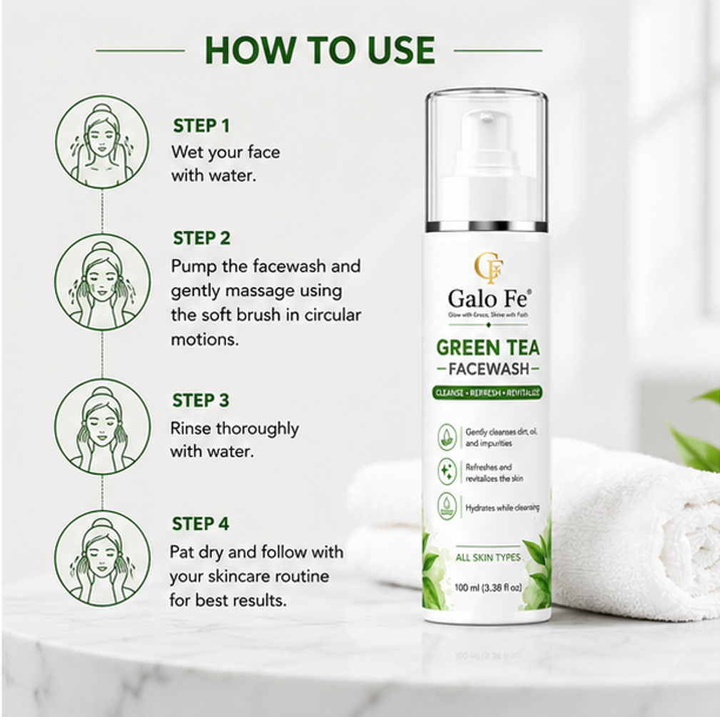 Galo Fe Face Wash 100ml | Deep Cleansing Face Cleanser for Oil, Dirt & Impurities | Refreshing & Hydrating Daily Face Wash | Suitable for All Skin Types | Men & Women (Green Tea)