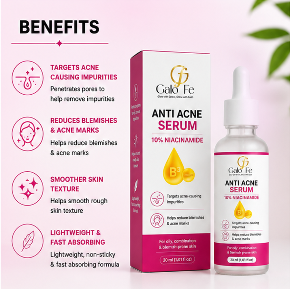 Galo Fe Face Serum with 10% Niacinamide (Vitamin B3) | Helps Reduce Acne, Blemishes & Acne Marks | Oil Control & Pore Refining Serum for Oily & Combination Skin | 30 ml (Anti Acne Serum)