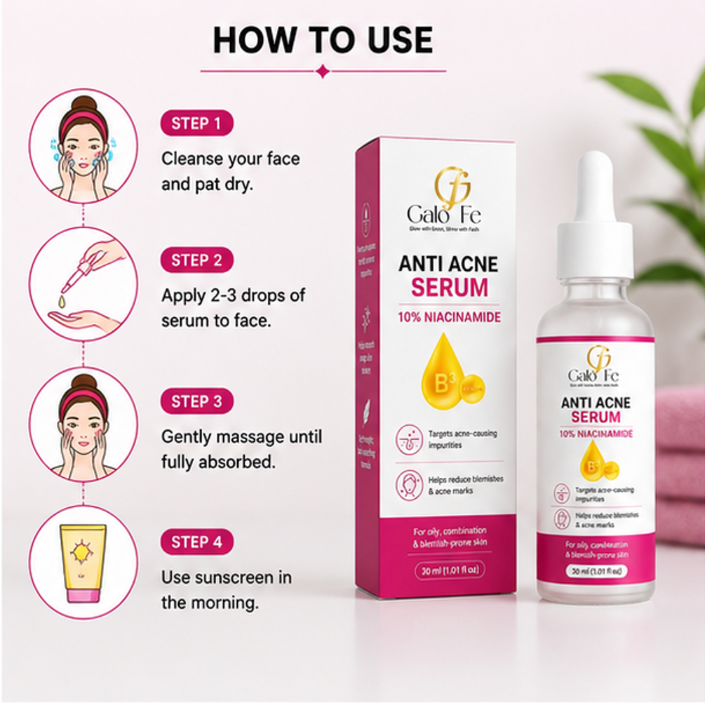 Galo Fe Face Serum with 10% Niacinamide (Vitamin B3) | Helps Reduce Acne, Blemishes & Acne Marks | Oil Control & Pore Refining Serum for Oily & Combination Skin | 30 ml (Anti Acne Serum)